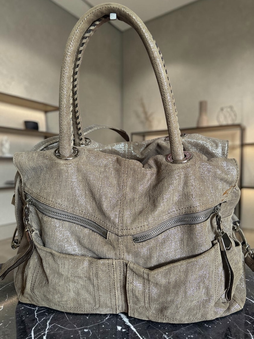 b. makowsky Shimmery Taupe Tote with Dual Handles